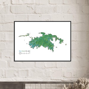 May include: A topographic map of the island of St. John, US Virgin Islands. The map is printed in shades of green and blue, with a scale bar showing 0 to 3 kilometers.