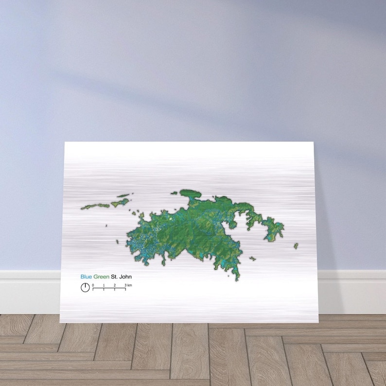 May include: A map of St. John, a small island in the Caribbean Sea. The map shows the island's terrain in shades of green, with a scale bar indicating 0 to 3 kilometers.