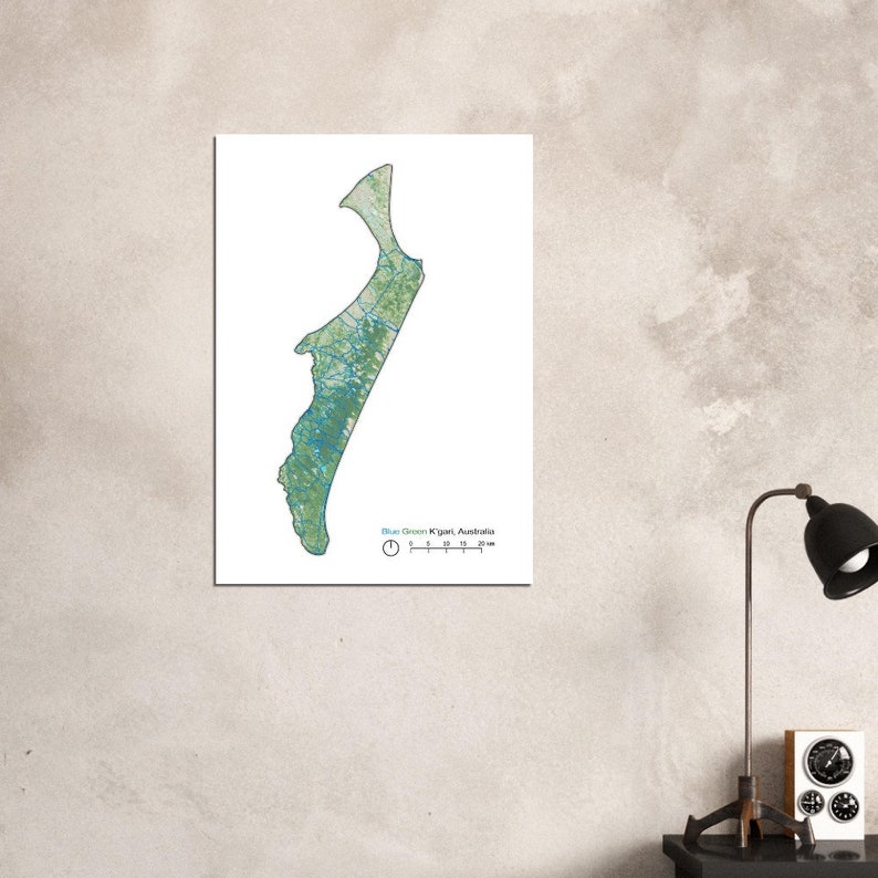 Mappa artistica di Gari Australia / Analisi delle infrastrutture blu-verdi / Decorazione basata su dati geospaziali / Arte murale di Fraser Island A1 (59.4 x 84.1  cm)
