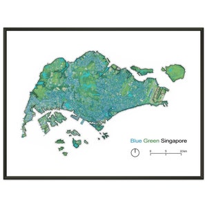 Singapur Karte Kunst | Blau-Grüne Architektur-Struktur | GIS Datengetriebenes Dekor | Künstlerische Geographie | Wandkunst