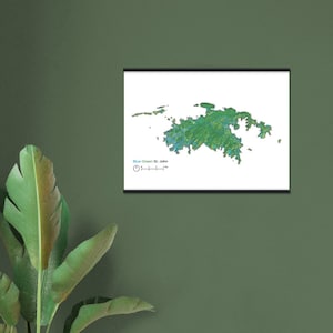 May include: A black and white map of the US Virgin Islands with a green and blue color gradient showing the terrain. The map is labeled "Blue Green St. John" and has a scale bar.