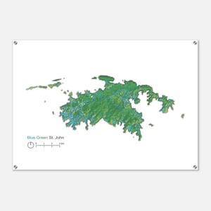 May include: A map of St. John, a small island in the Caribbean Sea. The island is mostly green, with some blue water surrounding it. The map includes a scale bar showing that 3 kilometers is equal to 2 inches.