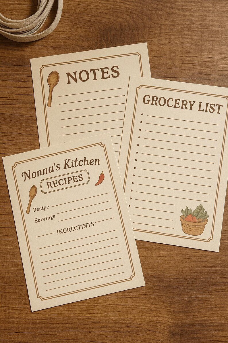 Nonna Kitchen Printable Bundle , Recipe Card, Notes Page & Grocery List ...