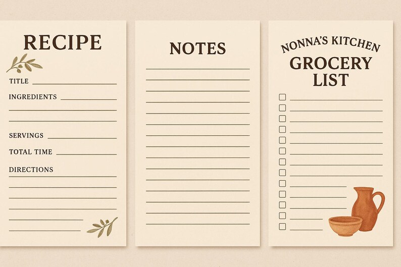 Nonna Kitchen Printable Bundle , Recipe Card, Notes Page & Grocery List ...