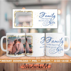 May include: Two white ceramic mugs with a gold and blue design. One mug features a couple on a beach with the text "Family is what happens when two people fall in love". The other mug features the same text with gold and blue glitter.