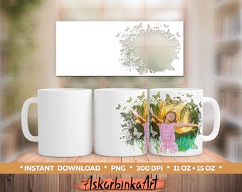 May include: Two white ceramic mugs with a design of a girl with long hair and butterflies. The mug on the right has a design of a girl with long hair and butterflies. The mug on the left is blank.