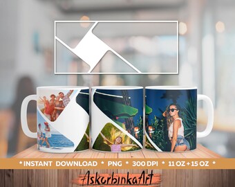 May include: Three white ceramic mugs with different photo designs. The mugs are 11 oz and 15 oz. The designs include a group of people, a tropical scene, and a woman in sunglasses.