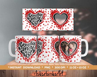 Valentinstag PNG Becher wickeln Sublimationsentwurf. Benutzerdefinierte Paarbechervorlage für 15, 11 Unzen / Bilderrahmen, Kaffeetasse, Individuelle Tasse, Bildbecher