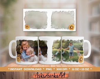 May include: Three white ceramic mugs with images printed on them. The mugs are 11 oz and 15 oz. The first mug features a photo of two girls hugging. The second mug features a photo of a family of three walking in a field. The third mug features a photo of a father and two children walking in a field. All three mugs have a watercolour-style background with sunflowers.