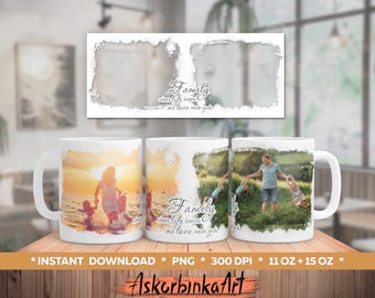 May include: Three white ceramic mugs with family photos and the text "Family where life begins and love never ends." The mugs feature images of a family at the beach and in a field. The mugs are 325 ml and 444 ml.