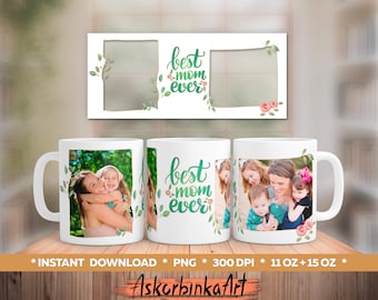 Könnte beinhalten: Zwei weiße Keramikbecher mit grünem Blumendesign und dem Text "best mom ever". Ein Becher zeigt ein Foto einer Mutter und ihrer Tochter, die sich in einer Waldlandschaft umarmen. Der andere Becher zeigt ein Foto einer Mutter und ihrer drei Kinder.