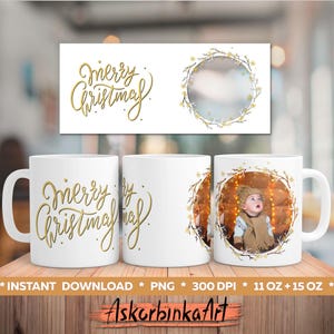 Caneca de café de Natal - modelo de caneca com foto personalizada para 15oz e 11oz/ Design de sublimação PNG, Envoltório de caneca, Caneca personalizada, Moldura de foto