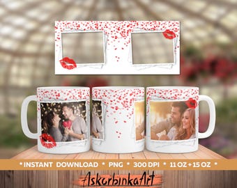 Valentinstag PNG Becher wickeln Sublimationsentwurf. Benutzerdefinierte Paarbechervorlage für 15, 11 Unzen / Bilderrahmen, Kaffeetasse, Individuelle Tasse, Bildbecher