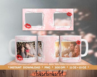 Becher wickeln valentine PNG Sublimationsentwurf. Benutzerdefinierte Paar Becher Vorlage für 15, 11 Unzen / Bilderrahmen, Kaffeetasse, Fotocollage, Bilderbecher