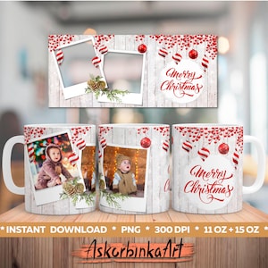 Könnte beinhalten: Weiße Keramik-Weihnachtstasse mit Fotorahmen-Design, roten Ornamenten und dem Schriftzug "Merry Christmas". Die Tasse zeigt ein Foto eines Babys. Das Design beinhaltet einen passenden rechteckigen Fotorahmen.