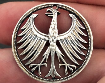 Cut Coin Jewelry, German 5 Mark 1964 Silver Jewelry Germany Deutschland Pendant, Imperial Eagle, Unique Antique Hand Made Antique Charm