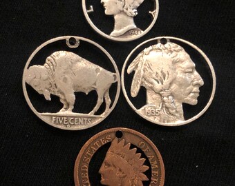 Americana Cut Coin Pendant Jewelry Collection Silver Mercury Dime Indian/Buffalo Nickel and Indian Penny Set - All The Classics Low Price