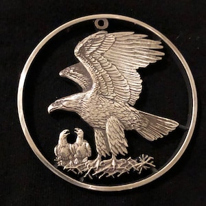 Sterling Silver Bald Eagle, Large Hand Cut Medallion, Cut Coin Jewelry, Bald Eagle and Eaglets, Limited Series From Franklin Mint, 1971