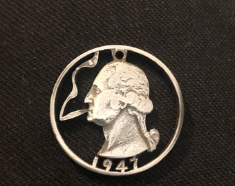 George Washington Puffing a Joint, Hand Cut Genuine Silver 1947 Quarter, Hobo Nickel, Cut Coin Jewelry