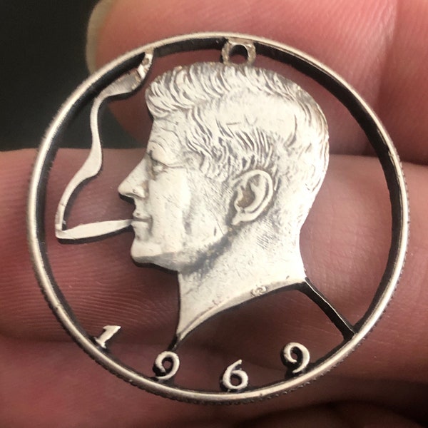 JFK Puffing A Fat Doobie Hand Cut Genuine 1969 US Kennedy Silver Half Dollar Cut Coin Pendant Piece That Started It All