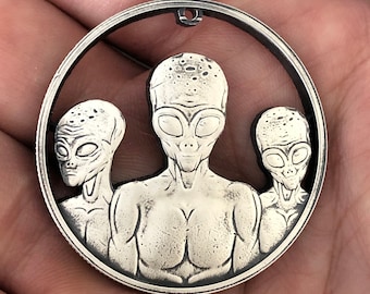 It’s Here! Non-Human Cut Coin Silver Pendant Hand Cut From Fine 1 oz Silver Bullion Round - Alien ET Area 51 Roswell ALF  Brand New!!