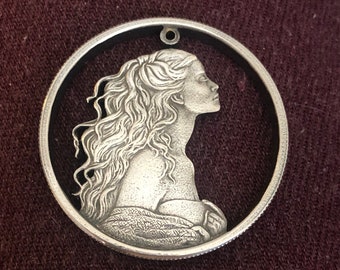 Beautiful Woman, Hand Cut Fine Silver Medal, Female Empowerment, Cut Coin Jewelry, Gorgeous Feminine Ultra Rare Gift, LOVE
