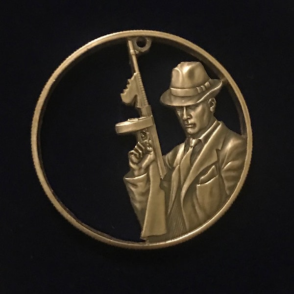 Tommy Gun Wielding, Gangster Henchman, Cut Coin Jewelry, Great Depression Crime Series, Hand Cut From Fine Silver Bullion Round, Brand New