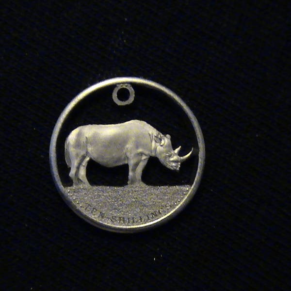 Rhinoceros Pendant Cut Coin Jewelry Hand Cut Somalian Coin Somalia Jewelry Rhino Charm Black White Rhinoceros Lazy Cat Cut Coins Africa Coin