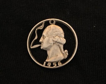 George Washington Puffing a Joint, Hand Cut Genuine Silver 1956 Quarter, Hobo Nickel, Cut Coin Jewelry