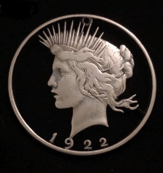 1922 Peace Silver Dollar Pendant: Hand Cut Hobo Art Jewelry