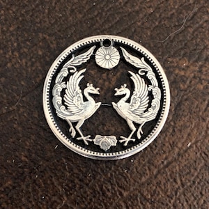 Japanese Dual Phoenix  Hand Cut Coin 1924 Silver Antique Pendant, Super Rare, Japan Jewelry, Mythological