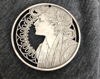 Alphonse Mucha - Laurel - GORGEOUS - Art Nouveau cut coin pendant - MASTERPIECE - .999 Antique Silver - Fourth and Final Cut