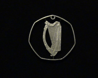 Cut Coin Pendant, Irish Coin Jewelry, Heptagonal Harp, Musician Interest, Historic Ireland Keepsake, 1972, Lazy Cat Cut Coins