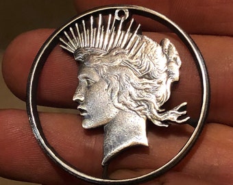 US 1924 Peace Dollar, Hand Cut Silver Dollar, Cut Coin Jewelry, Antique Silver Pendant, Hobo Art, Coin Collector Interest