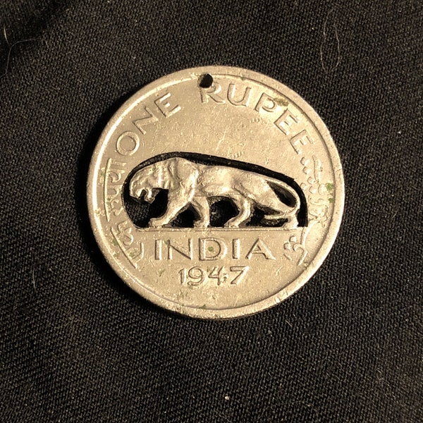 India Rupee - Hand Cut Coin Pendant - 1947 - Indian Tiger