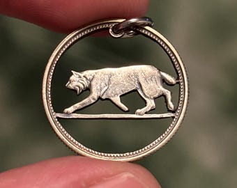Canada Cut Münze Anhänger Handgeschnitten aus echtem Silber 1967 Kanadische Viertel Luchs Bobcat Cougar Crazy Cat Lady Schmuck Anhänger Miau Mix Bitte