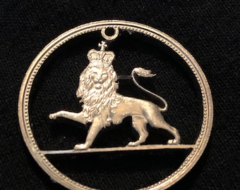 Great Britain Hand Cut Coin Pendant - Cut From 1969 20 Pence Coin Featuring Royal Crowned Lion