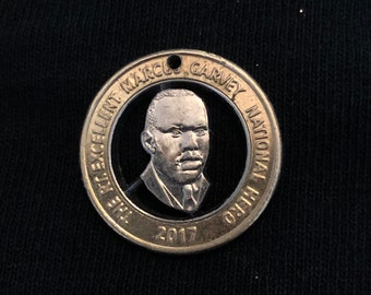 Marcus Garvey, Hand Cut Jamaican Coin, Civil Rights leader, Adviser to Haile Selassie, Jamaica Pendant - 2017