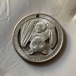Fruit Bat, Hand Cut Coin Pendant, 2020, Year Of The Bat, US Commemorative Quarter, American Samoa, First Time Cut