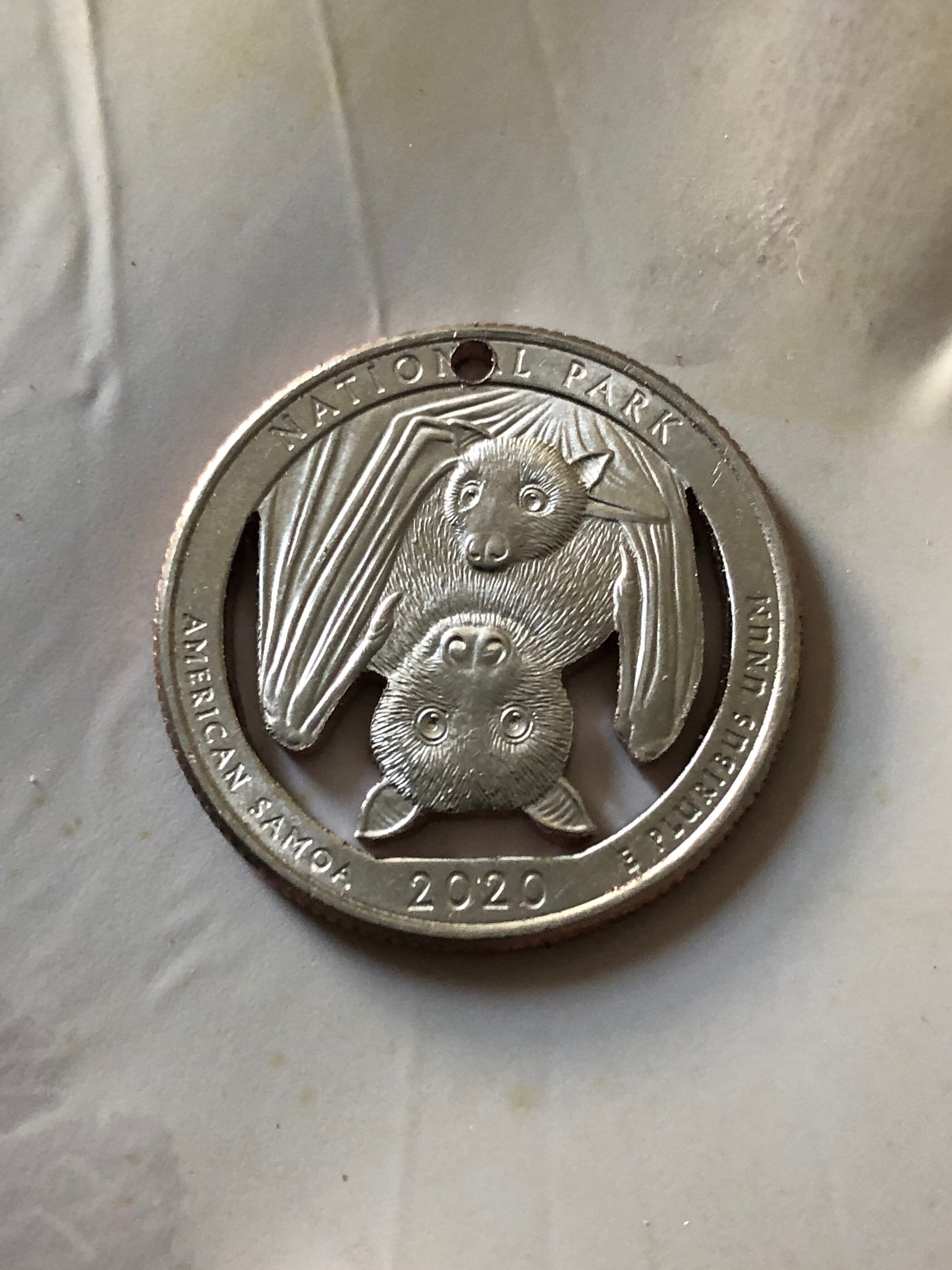 Fruit Bat, Hand Cut Coin Pendant, 2020, Year Of The Bat, US Commemorative Quarter, American Samoa, First Time Cut