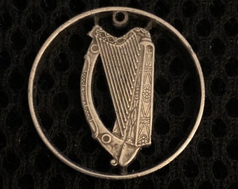 Irish Hand Cut Coin Pendant Harpsichord Harp Musician Emerald Isle Ireland Jewelry World Coin Jewelry 1970