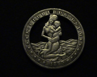 Hobo Morgan Dollar Replica - cut coin pendant - Mermaid Mother and Baby - One-Of-a-Kind!!