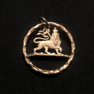 Ethiopia Cut Coin Pendant w Lion Of Judah w Perfect Profile of Haile Selassie Retained on Back Hand Cut From 1936 Ethiopian 25 Cent Coin