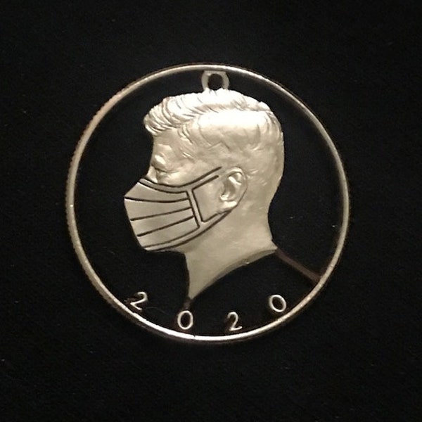 JFK Wearing His Mask, N95 Inda House, Cut Coin Pendant, Hand Engraved and Cut From Genuine US Half Dollar - Last One!