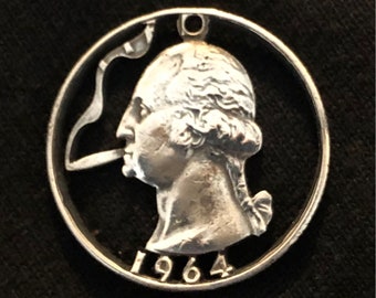 Classic George Washington Smoking a Blunt Genuine Hand Cut US SILVER Quarter 1964