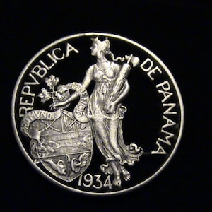 1934 Panama Silver Balboa Cut Coin Pendant - Woman, Shield, Oak - 38mm