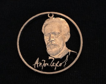 Anton Chekhov, Russian Playwright, Hand Cut Coin Pendant, Russian Russia Pendant, 1990, Coin Art, Hob Nickel, USSR, CCCP Moscow Soviet Union