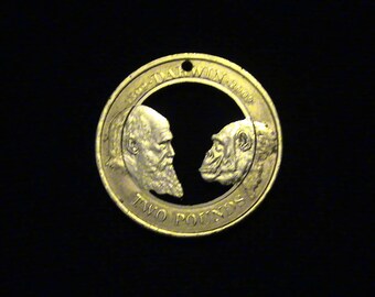 Charles Darwin, Cut Coin Jewelry - 2009 - Great Britain - Chimpanzee, Natural Selection, Origin of the Species, No Creationism