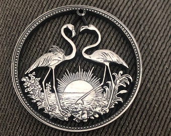 Bahamas - cut coin pendant - Flamingos - Sterling Silver - 1974 - Carribean