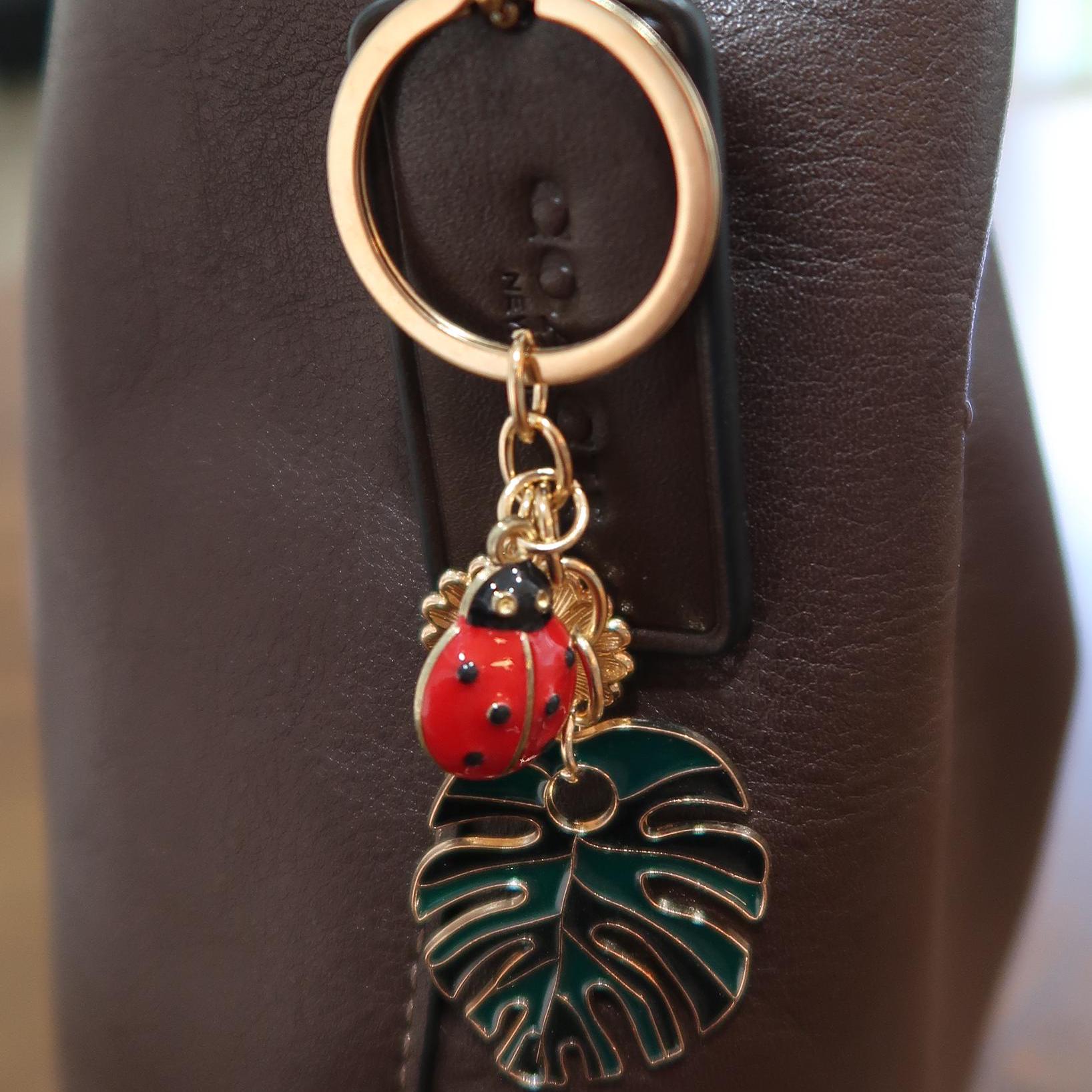 Monstera Leaf & Daisy Ladybug Keychain – Gold Nature-Inspired Key Ring, Perfect Gift for Plant Lovers or Flower Enthusiasts